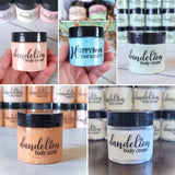 2 oz Dandelion BODY CREAMS & SUGAR SCRUBS {4-Pack} in Organza Bag