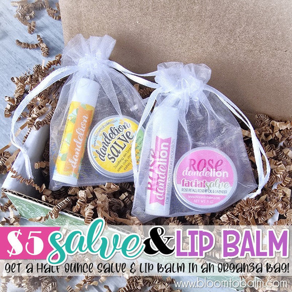 {DOORBUSTER} MINI SALVE ORGANZA BAG: (HALF OZ Salve + Lip Balm)