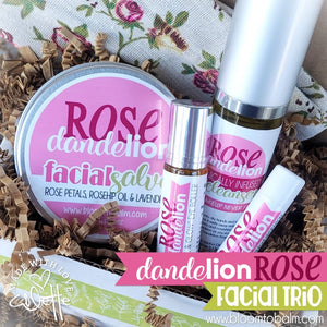 Dandelion Rose FACIAL TRIO {4 oz Salve, Oil Cleanser, Eye Roller & Lip Balm} in a ROSE BAG