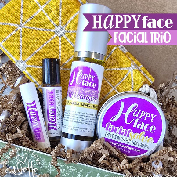 HAPPY FACE Facial Trio {2 oz Salve, Oil Cleanser, Eye Roller & Lip Balm} in a BAG