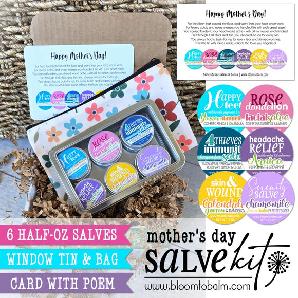 MOTHER'S DAY Salve Kit {6 Half-OZ Salves} + WINDOW TIN, ZIP BAG & CARD!