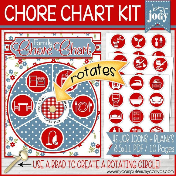 Rotating Job Chart {Red/Blue Floral} PRINTABLE-My Computer is My Canvas